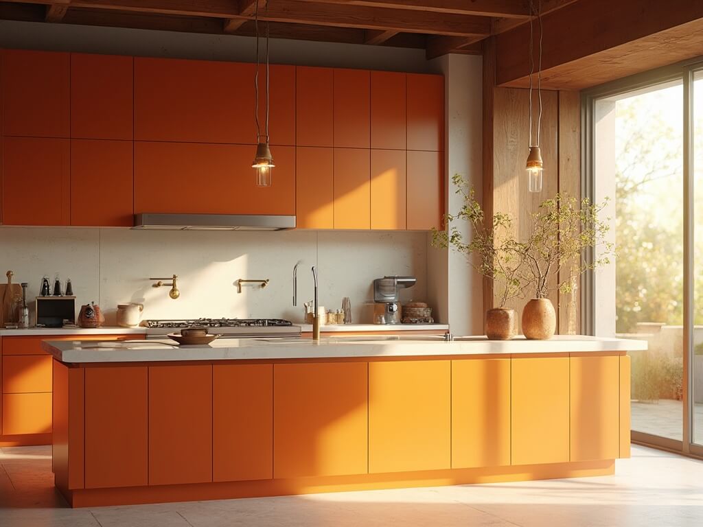 "Modern kitchen with orange cabinets, wooden beams, and sunlight pouring in through floor-to-ceiling windows"