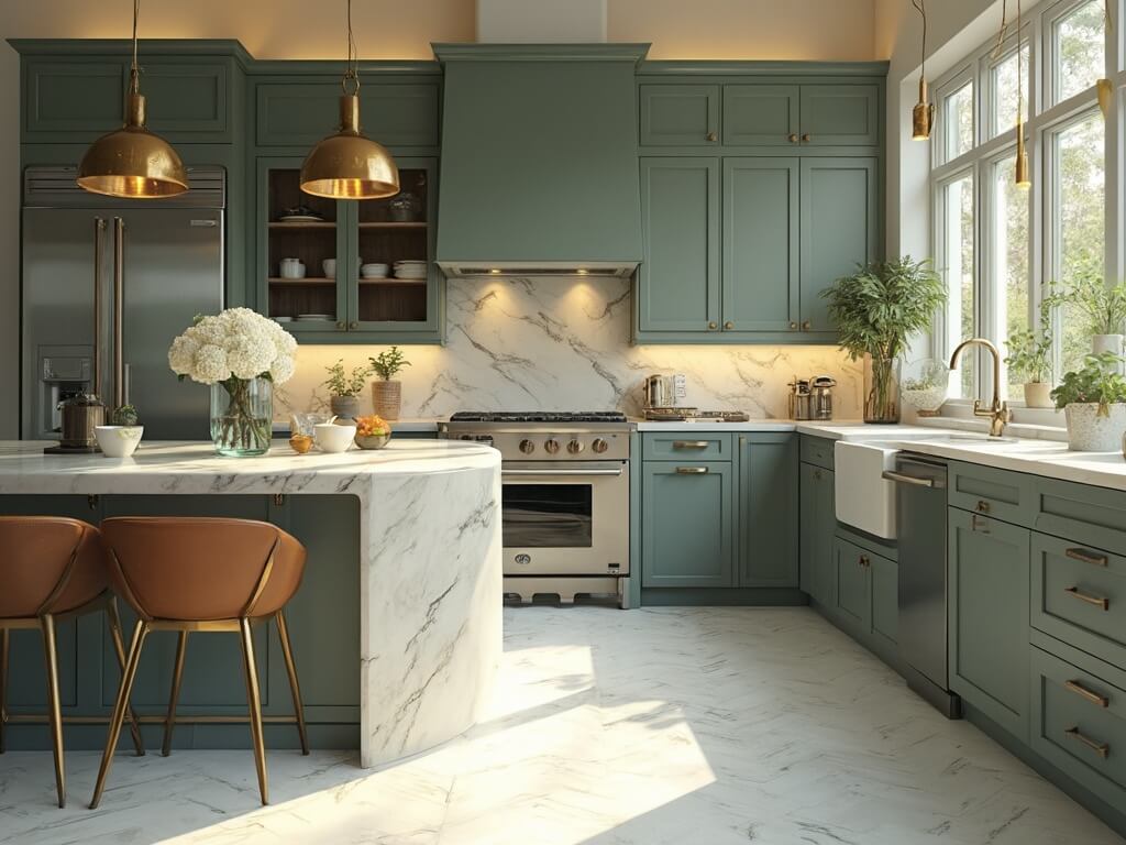 "Modern luxe kitchen with pewter green cabinets, white marble island, and oak floors during golden hour"