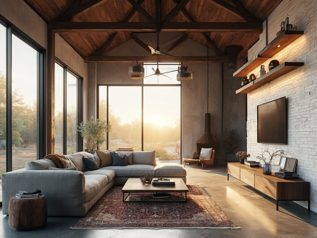 "Modern rustic barndominium living room with cathedral ceiling, oversized sofa and dramatic sunlight"