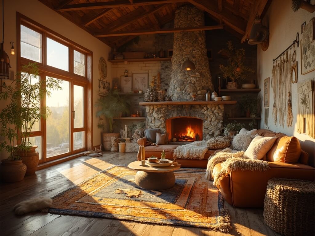"Cozy cabin living room bathed in golden hour sunlight, featuring exposed wooden beams, a stone fireplace, a cognac leather sofa with cream knit throws and vintage rugs, set against reclaimed wood floors and rustic decor elements."