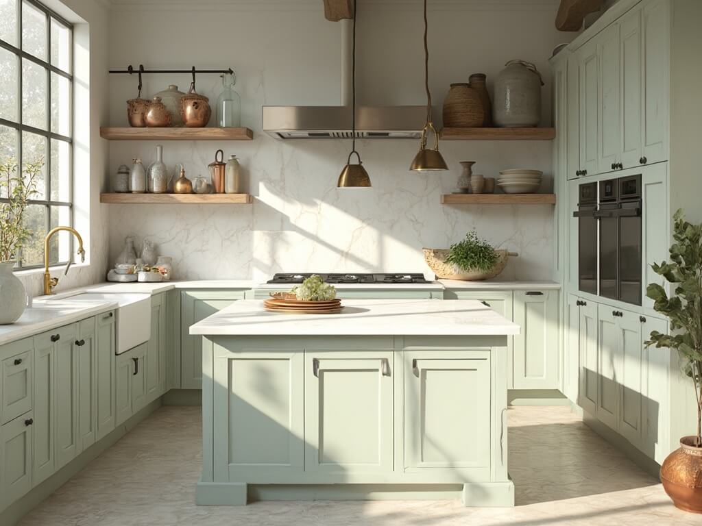 "Sunlit modern farmhouse kitchen with clary sage painted cabinets, white quartz waterfall island, vintage copper pots, and professional-grade appliances, styled with handmade pottery and eucalyptus in a glass vase."