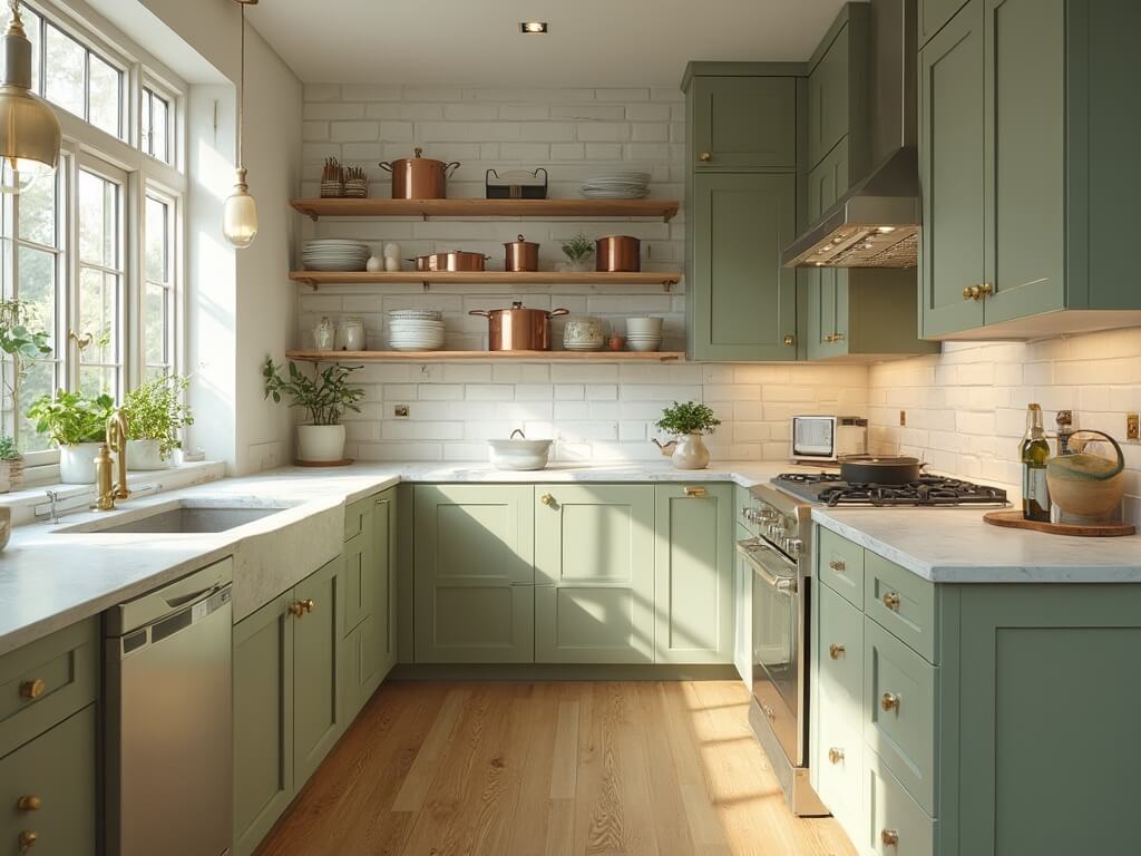 "Modern sage green kitchen with natural light, Carrara marble countertops, oak flooring, and high-end appliances"
