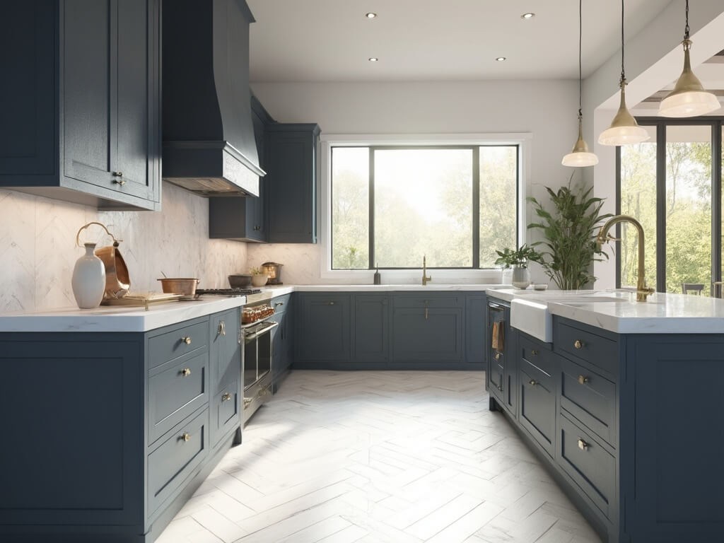 "Sunlit modern kitchen with slate blue cabinets, white quartz island, and white oak herringbone floors"