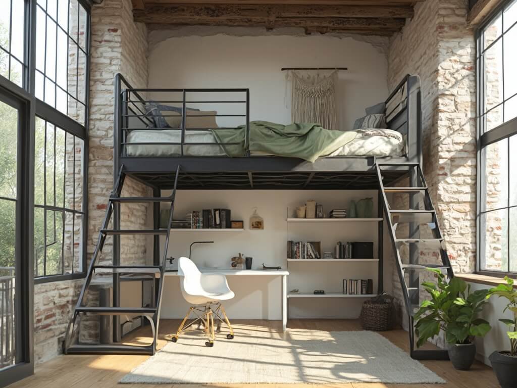 "Modern minimalistic loft bed in a sunlit studio apartment with white brick walls, industrial windows, and stylish décor"