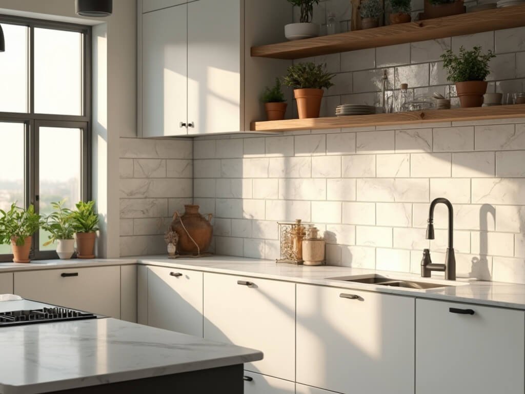 "Sunlit modern kitchen with white marble backsplash and Carrara marble countertops, styled with fresh herb pots on oak floating shelves"
