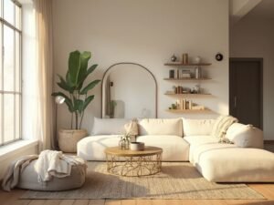 "Minimalist small living room bathed in golden hour sunlight with ivory sectional, brass and marble coffee table, floating oak shelves, arched mirror, brass floor lamp, cream Moroccan rug, and fiddle leaf fig plant."