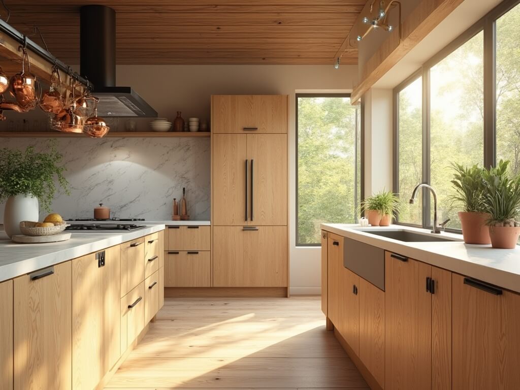 "Sunlit modern kitchen interior with light oak cabinets, white quartz island, gold pendant lights and high-end appliances"