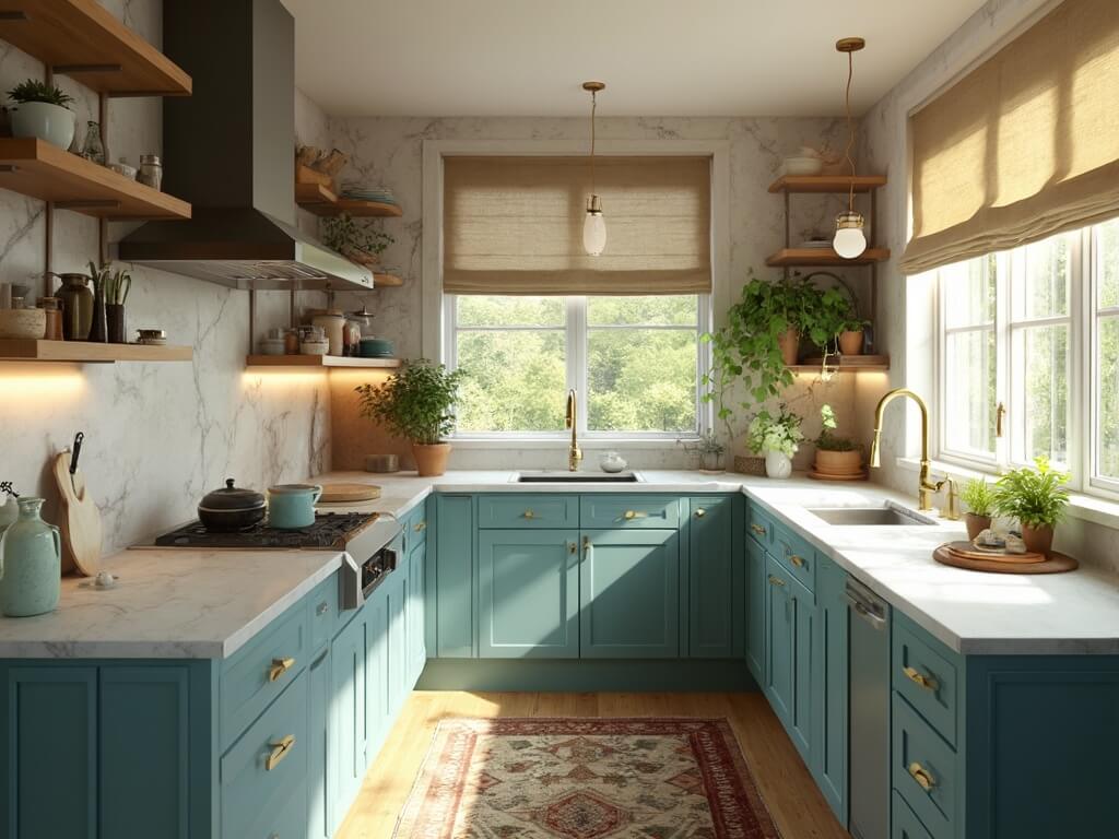 "Modern teal kitchen with white quartz countertops, brass hardware, and natural oak elements in sunlit setting"