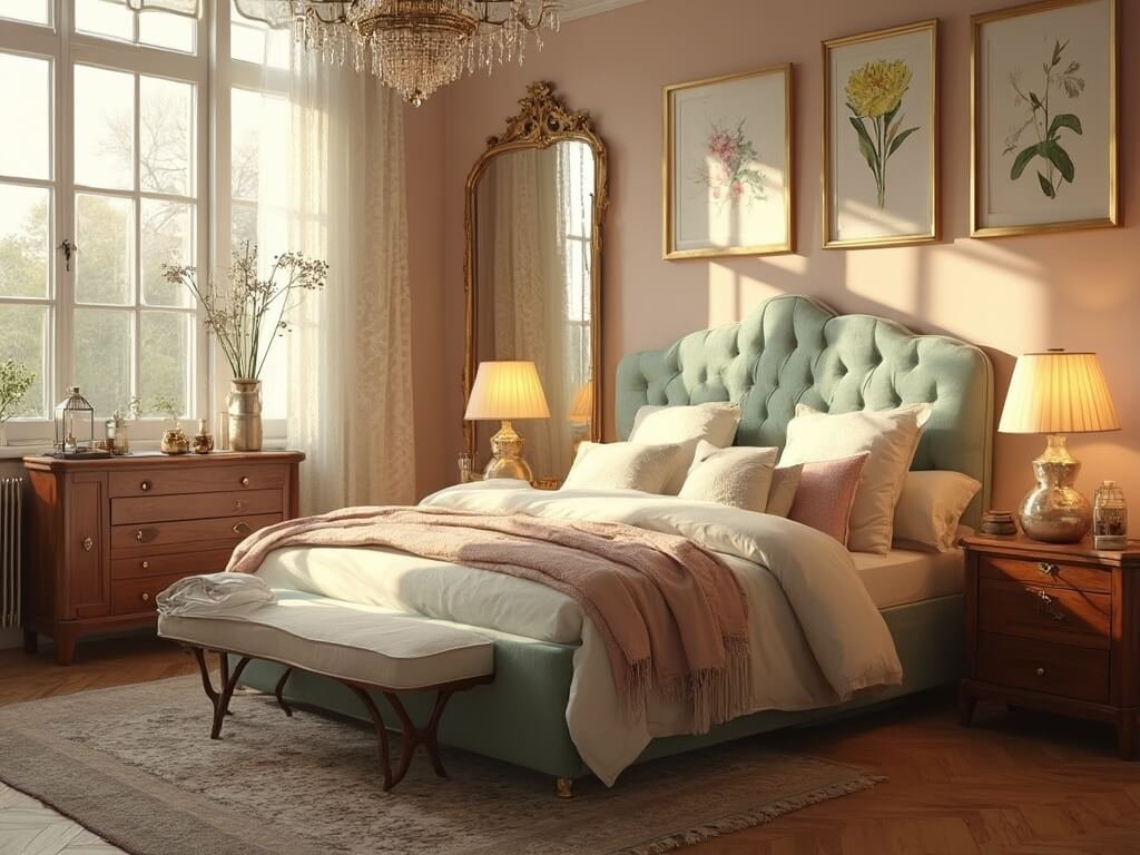"Vintage bedroom with sage green queen bed, mid-century nightstands, gilt-framed mirror above a 1950s dresser, botanical prints on dusty rose walls, and crystal chandelier, bathed in golden hour sunlight."