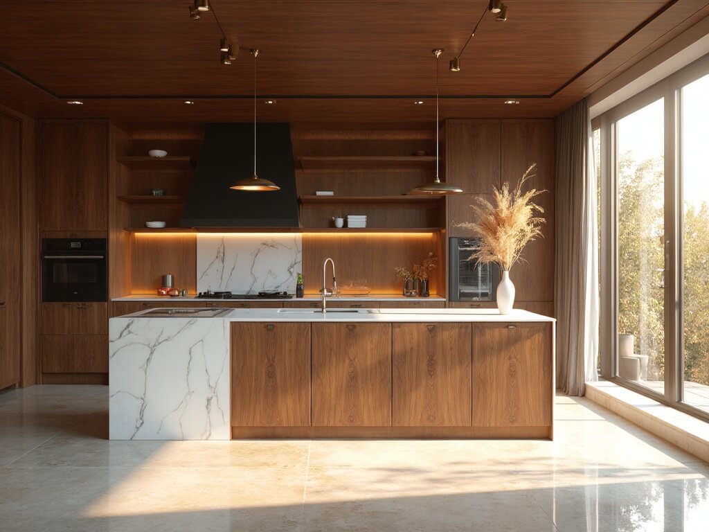 "Modern kitchen with walnut cabinets, white quartz island, brass pendant lights, and concrete floors bathed in warm sunlight"