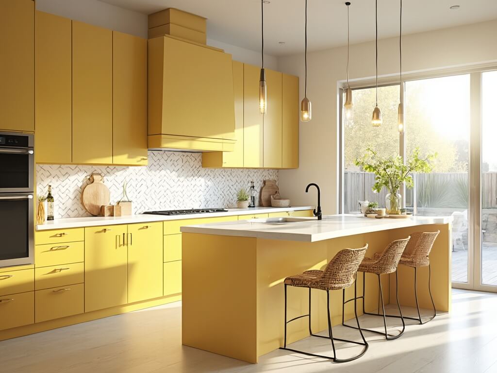 "Modern sunlit kitchen with yellow cabinets, white quartz countertops, and rattan barstools"