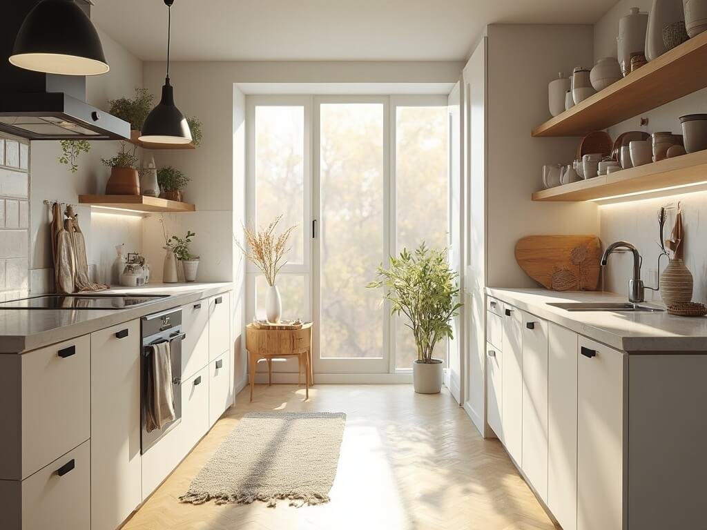 "Sunlit Nordic kitchen with white oak floors, Carrara marble countertops, and minimal earth tone ceramics"