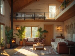 "Interior of cozy A-frame cabin loft featuring a lofted queen bed, leather loveseat, wood stove, and modern accents bathed in warm golden hour sunlight"