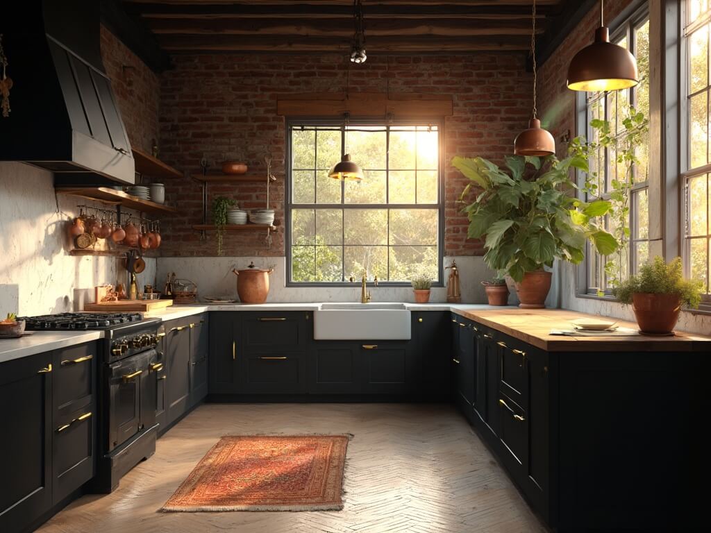 "Modern farmhouse kitchen with matte black cabinets, Carrara marble countertops, and an exposed brick wall, warmly lit by golden hour sunbeams."