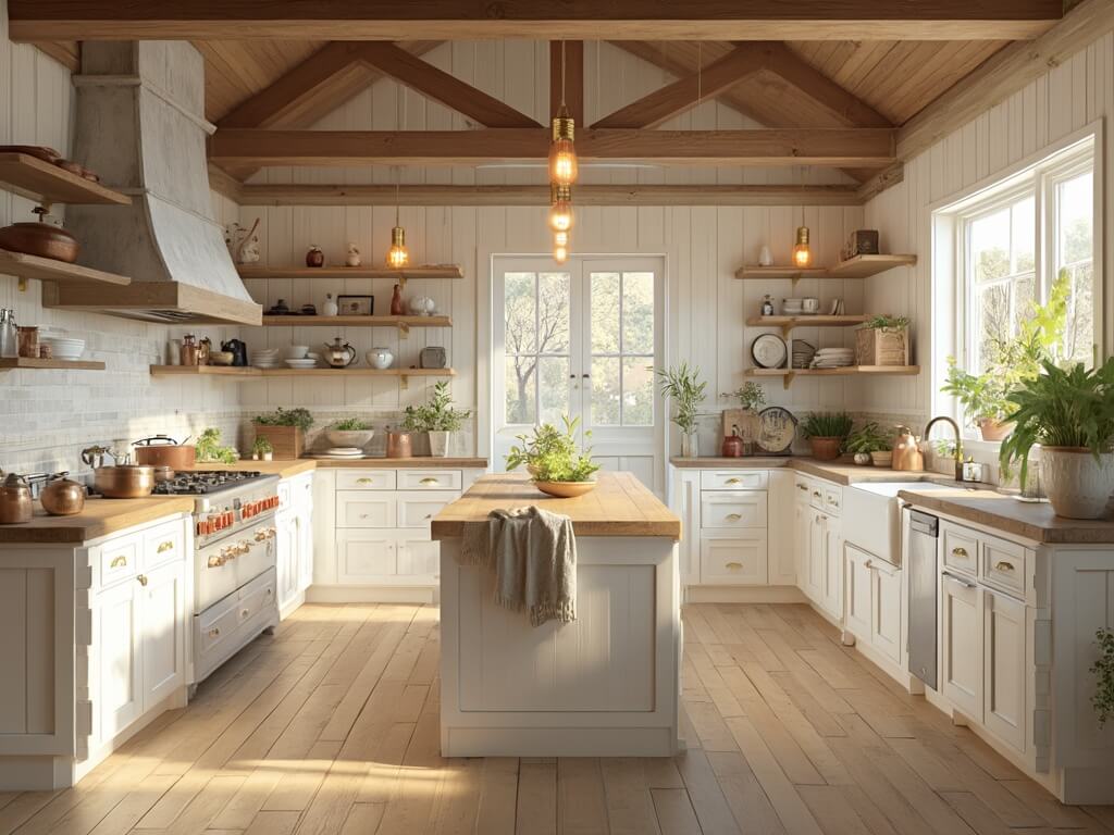 "Rustic farmhouse kitchen with white Shaker cabinets, weathered wood island, soapstone countertop, and vintage decor, bathed in warm sunlight"