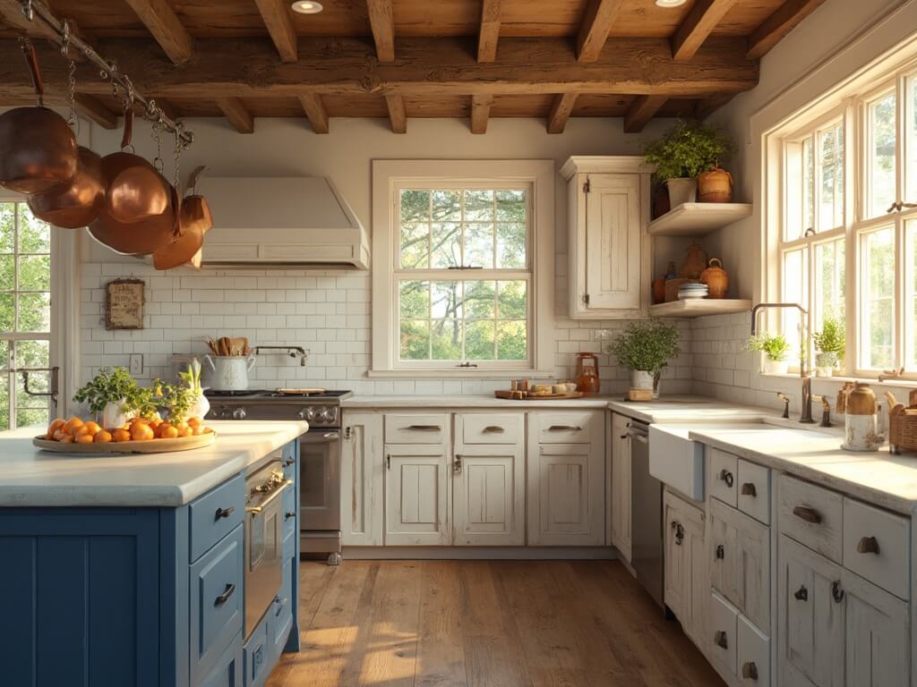 "Sunlit rustic farmhouse kitchen with white oak cabinets, navy blue island, vintage copper pots, and antique ceramic decorations shot at golden hour"