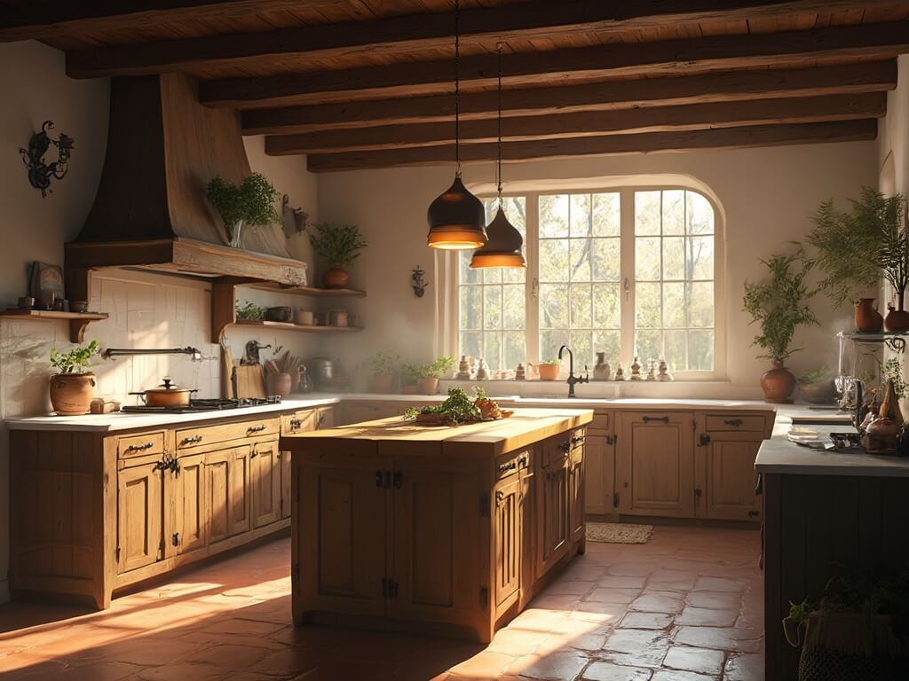 "Sunlit farmhouse kitchen with weathered oak cabinets, copper lights, butcher block island, and vintage copper cookware on marble countertops"