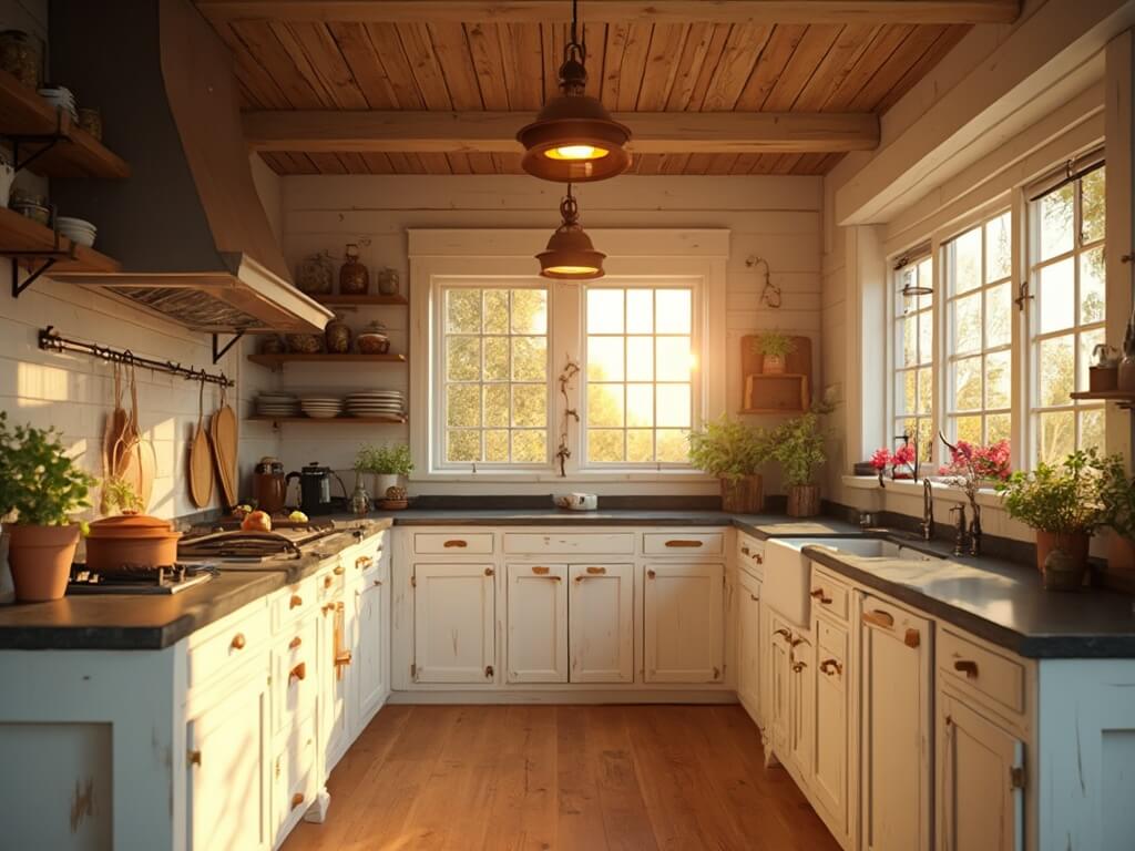"Rustic farmhouse kitchen bathed in golden hour sunlight with distressed oak cabinets, black soapstone countertops, vintage earthenware, and fresh herbs on windowsill"