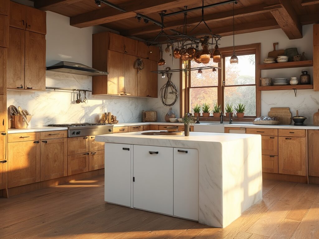 "Sunlit modern farmhouse kitchen with hickory cabinets, white quartz island, copper cookware, and fresh herbs on windowsill"