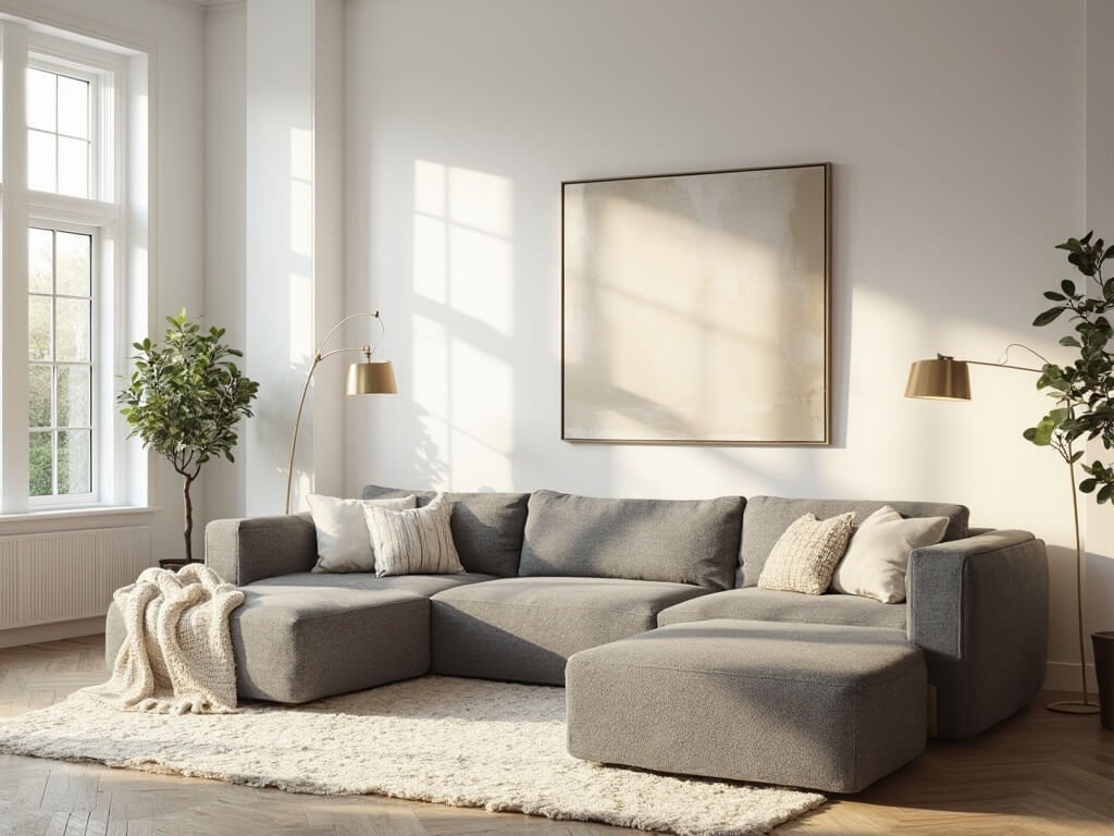 "Scandinavian-style living room with grey sectional sofa, natural oak herringbone flooring, cream wool rug, abstract wall art, and brass accent lighting during golden hour"
