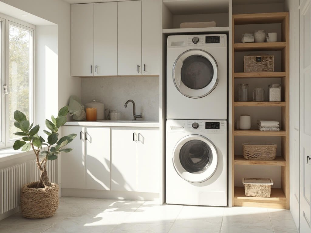 "Bright Scandinavian laundry room with stacked high-end washer and dryer, organized floating oak shelves, penny tile flooring, and black hardware accents under natural sunlight"