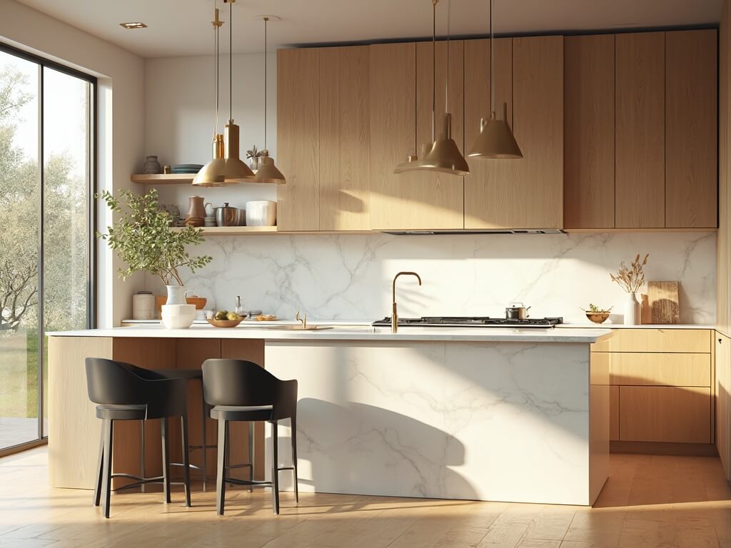 "Sunlit Scandinavian kitchen with light oak cabinets, marble island, black bar stools, brass pendant lights, artisanal pottery on shelves, indoor plants and minimal decor"