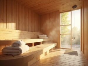 "Scandinavian sauna with cedar-clad walls, tiered benches, floor-to-ceiling windows, minimalist design, and rising steam in morning light."