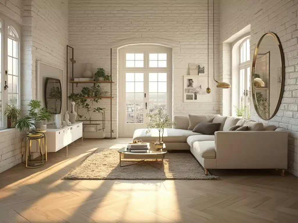 "Scandinavian minimalist living room with sunlit interior, white brick walls, oak flooring, and beige upholstery furniture"