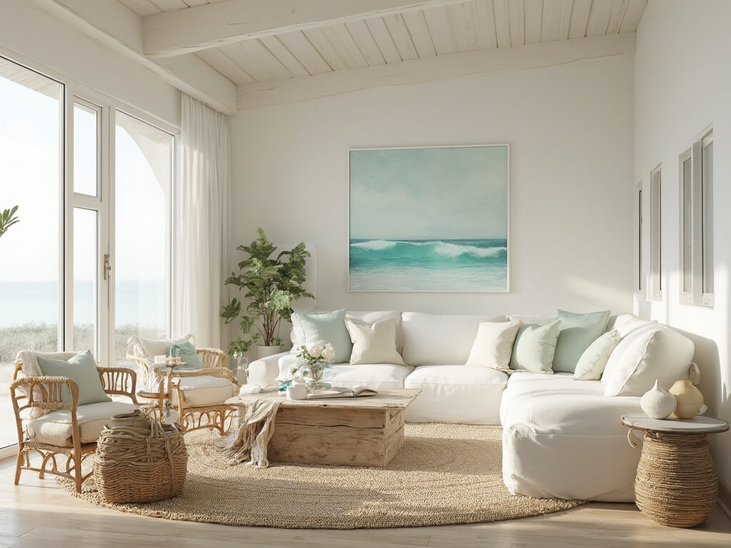 "Sunlit coastal living room with high ceilings, floor-to-ceiling windows, white sofa with green and sand-colored pillows, driftwood coffee table, rattan chairs, jute rug over sisal flooring, and seascape artwork"