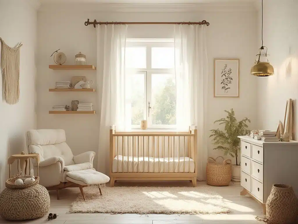 "Serene Scandinavian-style nursery bathed in golden morning light, featuring oak crib, oatmeal-colored glider, ivory wool rugs, and minimal decor on floating shelves"