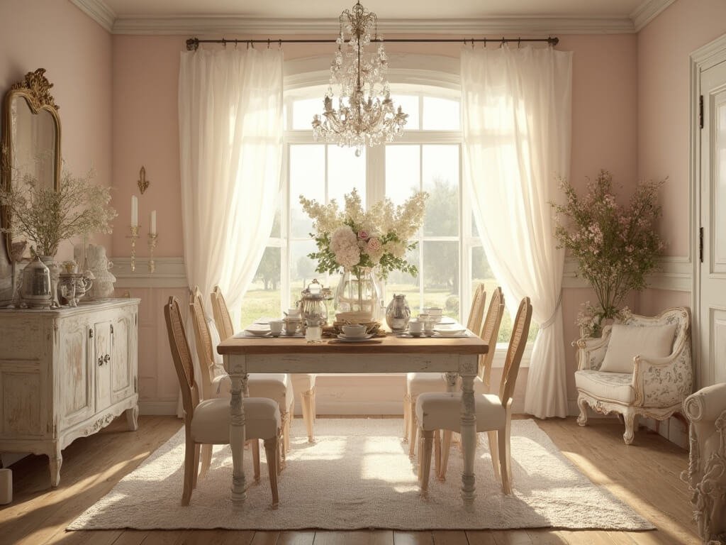 "Shabby chic dining room in French countryside with golden hour lighting, mismatched vintage furniture, crystal chandelier, ornate gilt-framed mirror, and floral arrangements in mercury glass vases."