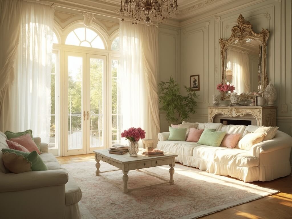 "Sunlit shabby chic living room with vintage decor, white slipcovered sofa, and fresh pink peonies on a distressed coffee table"