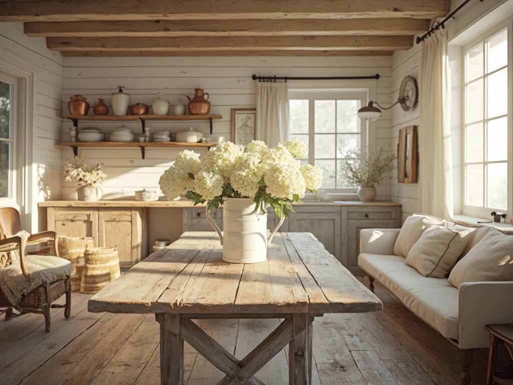 "Vintage farmhouse living room with sunlit white walls, wooden features, and authentic antique decor"