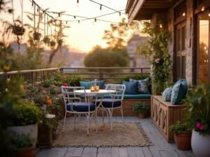 "Urban patio with bistro set, plants, wooden bench, macramé hangers, copper lanterns, and string lights at sunset with city lights in the background"