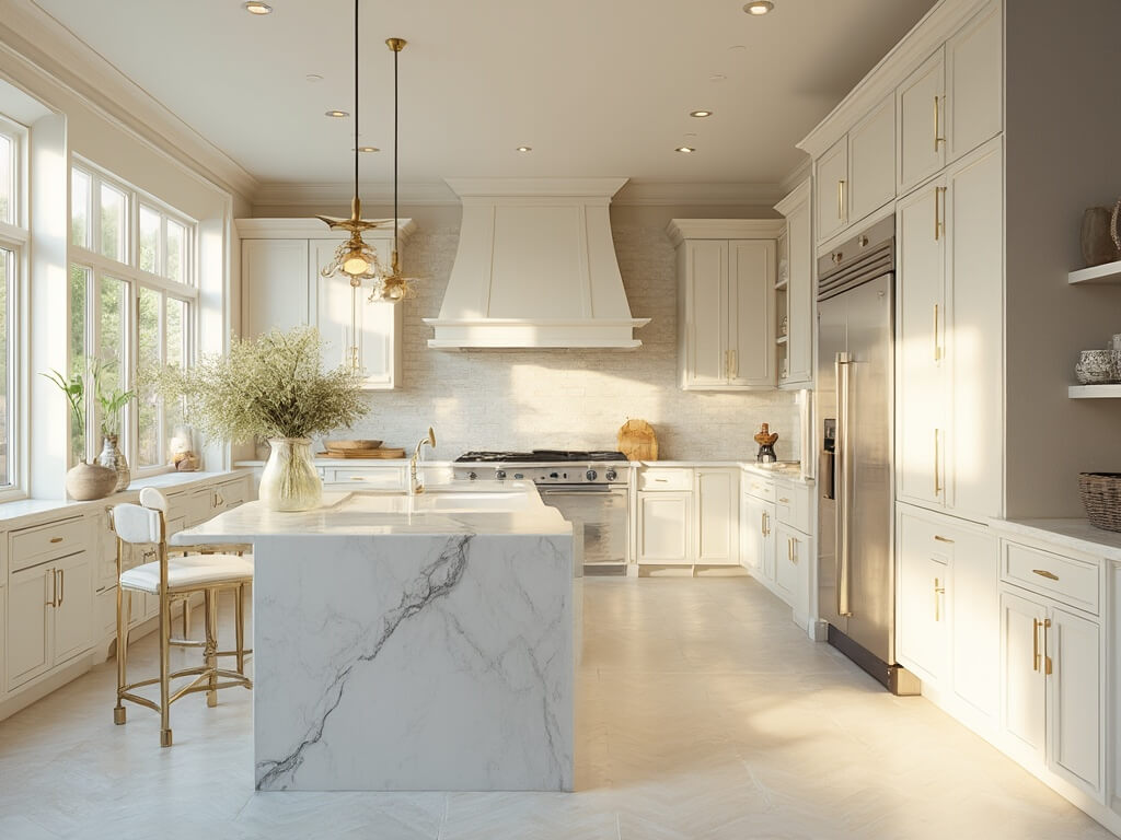 "Sunlit transitional style kitchen with off-white Shaker cabinets, Calacatta marble island, professional-grade stainless steel appliances, and white oak herringbone floors"