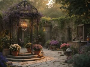 "Vintage garden retreat at twilight with wrought-iron gazebo, weathered planters, rustic wooden crates, and golden hour lighting in French countryside aesthetic"