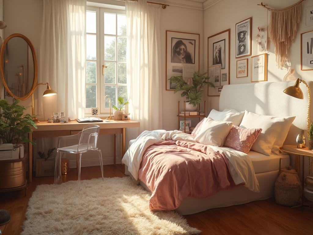 "Stylish and dreamy 15x15ft dorm room with layered textured bed, wooden floors, sleek desk area, vintage decorations, macramé wall hanging, and gallery wall captured at golden hour."