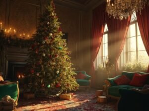 "Vintage Victorian living room with a Fraser fir Christmas tree decorated with antique ornaments, crystal chandeliers, and velvet furnishings during golden hour"