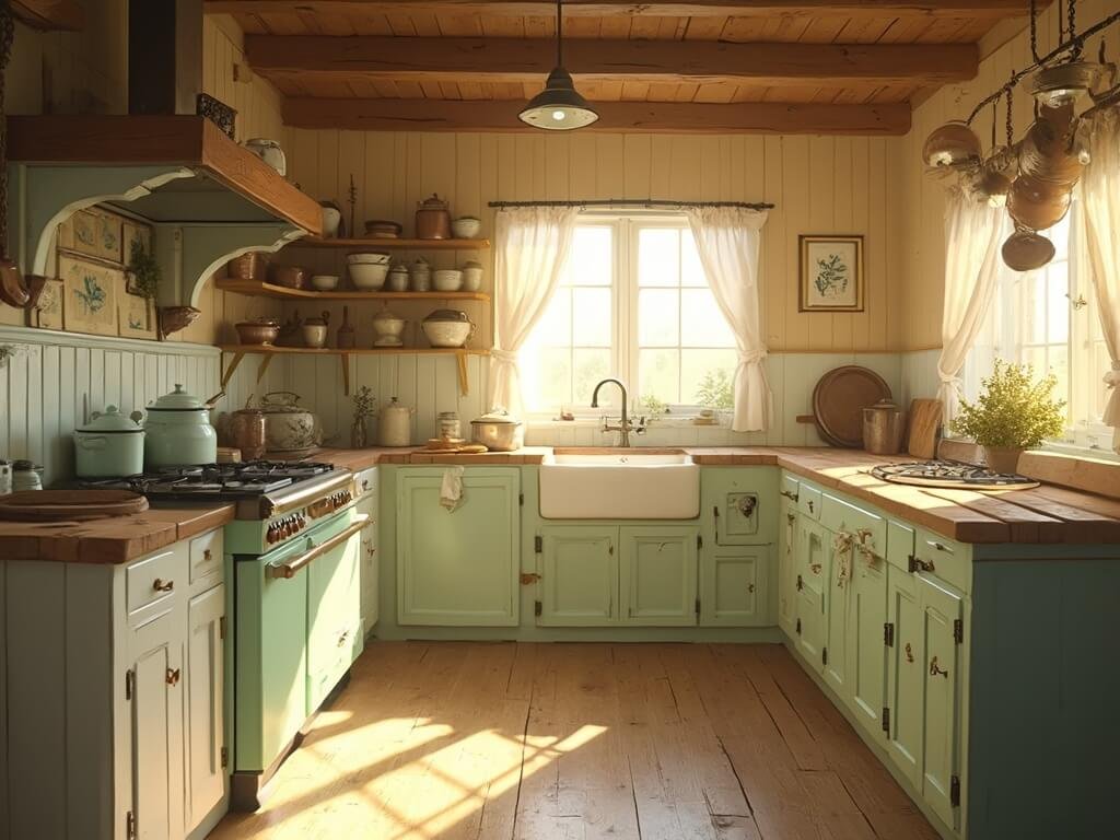 "Vintage farmhouse kitchen with cream walls, mint-green stove, jadeite bowls, and antique furnishings during golden hour"