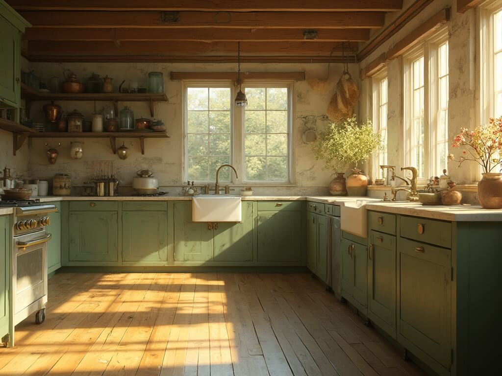 "Sunlit vintage farmhouse kitchen with sage green cabinets, antique pottery on marble countertops, and copper pots hanging from ceiling rack during golden hour"