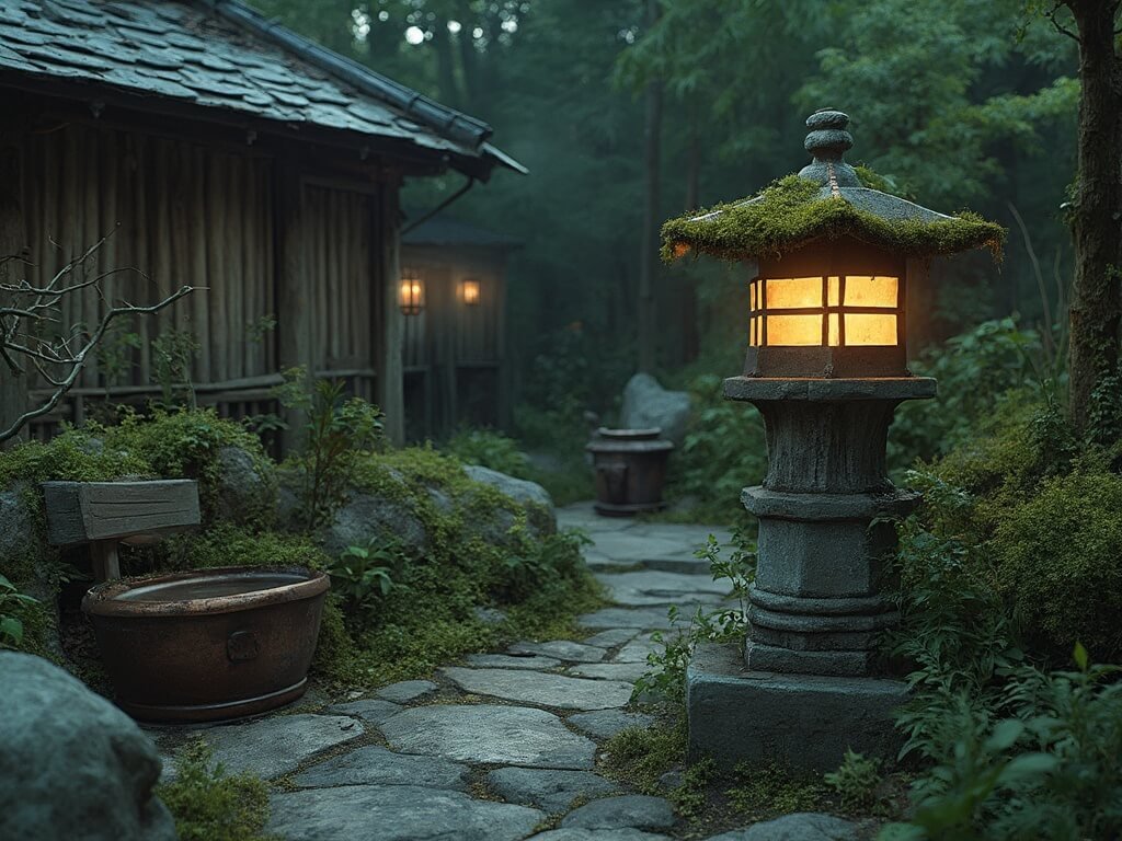 "Twilight in a secluded wabi-sabi garden with moss-covered stone lantern, weathered cobblestone path, and bamboo fence"