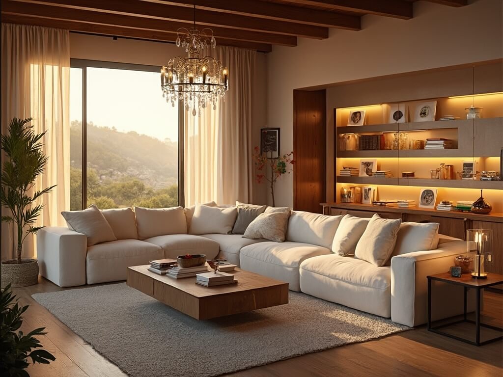 "Modern and cozy living room with warm lighting, wooden details, and luxury decor at golden hour"