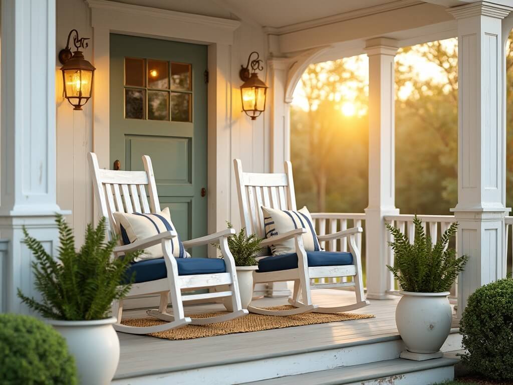 "Charming farmhouse porch with white rocking chairs, brass lanterns, and lush ferns bathed in golden hour light"