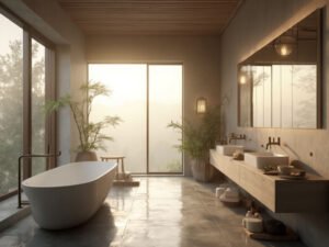 "Modern minimalist zen bathroom sanctuary with natural light, stone soaking tub, and earthy accents."