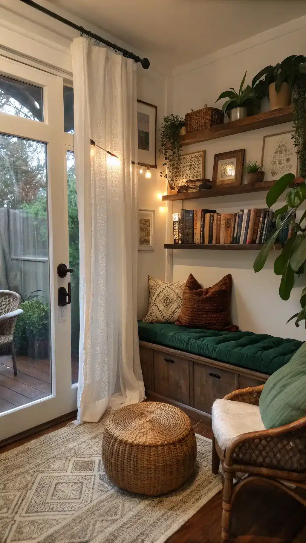 Cozy reading nook with green velvet window bench, distressed leather chair, and floating timber shelves adorned with pottery and books, enhanced by warm light from a copper floor lamp.