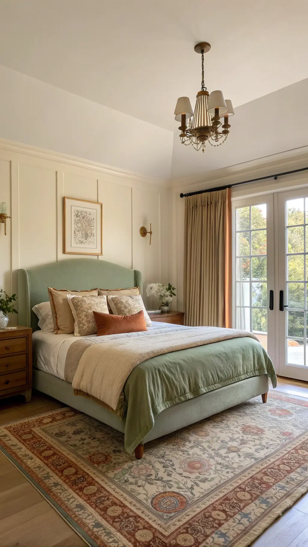 Sunny 14x16ft bedroom featuring a sage green queen bed against a terracotta wall, vintage Persian rug, and brass sconces over walnut nightstands under 10ft ceilings with crown molding at golden hour.