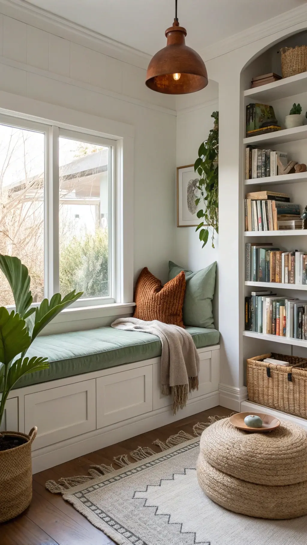 Corner reading nook with green velvet window seat, white bookshelves, terracotta pendant light, and organic accents in morning light.