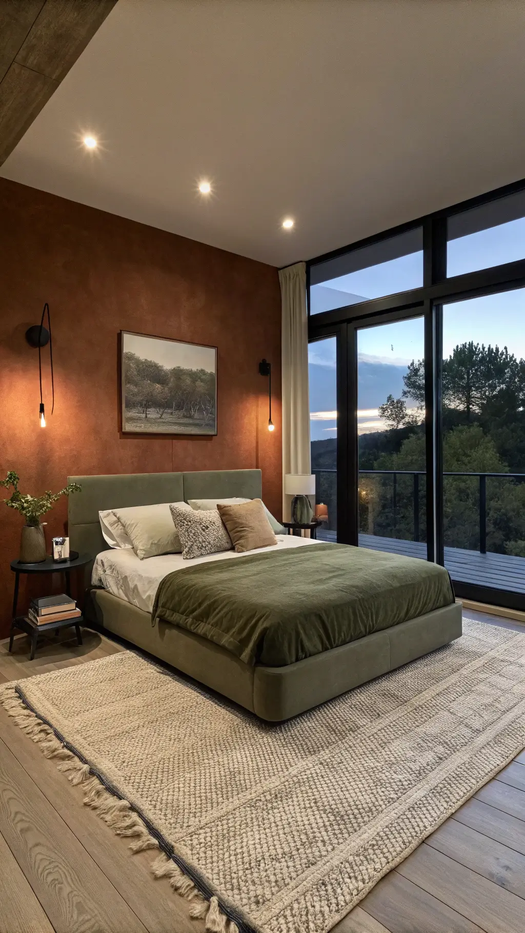Modern minimalist bedroom at dusk with terracotta feature wall, olive green platform bed, floor-to-ceiling windows, white oak flooring covered by a jute rug, and matte black bedside tables topped with ceramic lamps and art books.