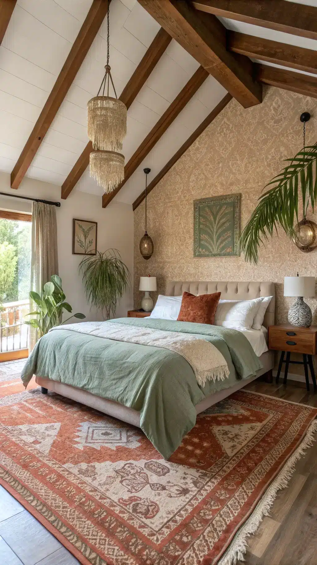 Boho-luxe primary suite with vaulted ceilings, king bed dressed in sage green linens, rattan pendant lights, and organic decors, illuminated by natural and ambient lighting