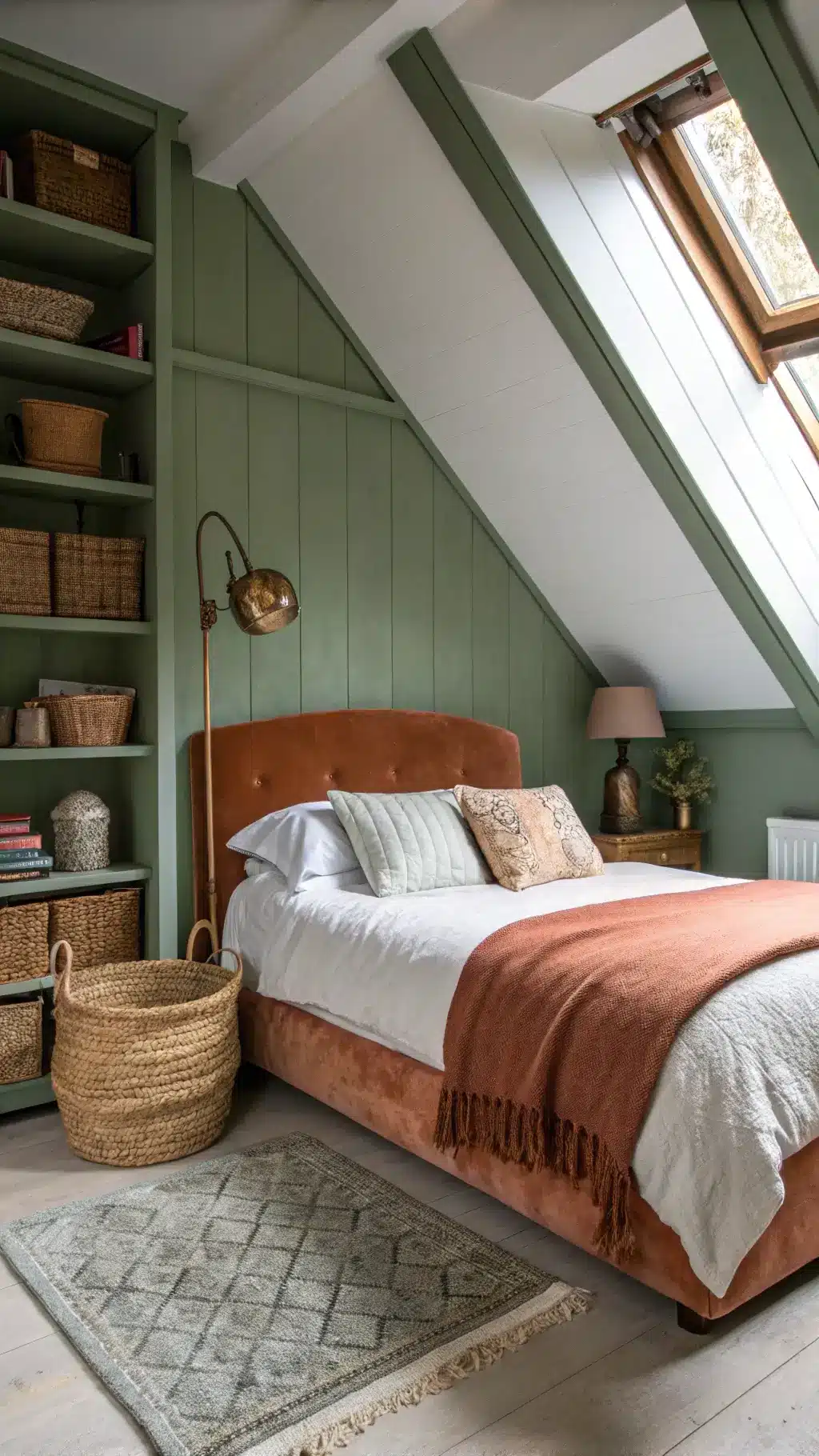 Cozy attic bedroom with sage green sloping ceilings, terracotta velvet headboard, twin bed under skylight, vintage brass lamp, woven baskets, clay pottery on shelves with sheepskin throw, captured in moody afternoon lighting